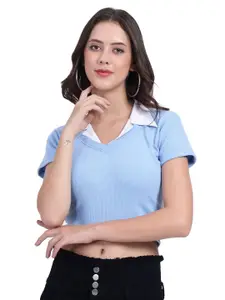 The Roadster Lifestyle Co Women Ribbed Crop Top With Collar