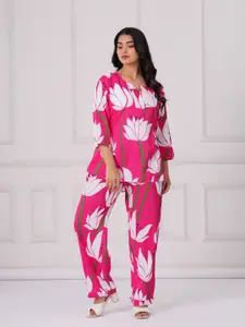 PINGAKSH Printed Pure Cotton V Neck Top With Trousers Co-Ords Set