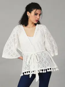 UnaOne Geometric Self Design Tie-Up Pure Cotton Shrug