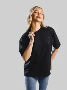 Leotude Women Solid Round Neck Cotton Oversized T-shirt