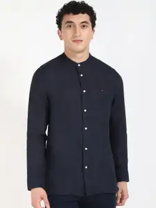 Tommy Hilfiger Men Band Collar Solid Linen Casual Shirt