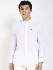 Tommy Hilfiger Men Band Collar Solid Linen Casual Shirt