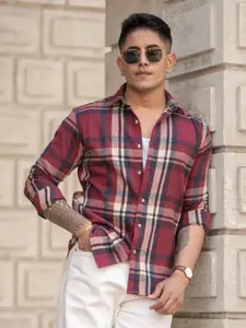 Powerlook Men Spread Collar Tartan Checked Cotton Casual Shirt