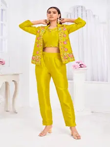 Krimmple Embroidered V-Neck Pure Silk Top With Trousers & Blazer