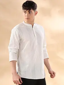 Anouk White & Black Geometric Band Collar Pure Cotton Straight Short Kurta