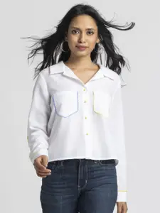 SHAYE Women Relaxed Boxy Fit Spread Collar Solid Casual Shirt