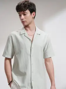 HIGHLANDER Men Relaxed Fit Cuban Collar Textured Cotton Casual Shirt