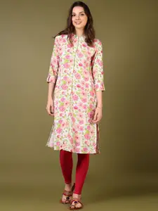 V-Mart Floral Printed Mandarin Collar Roll-Up Sleeves Straight Kurta