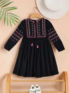 Bella Moda Girls Embroidered Cuffed Sleeves Cotton Fit & Flare Dress