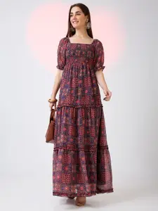 Globus Square Neck Puff Sleeves Ethnic Print Smocked Tiered Fit & Flare Maxi Dress