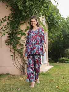 JISORA Printed V-Neck Russian Silk Top & Trouser Co-Ords