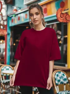 Leotude Women Typography Printed Round Neck Cotton Oversized T-shirt