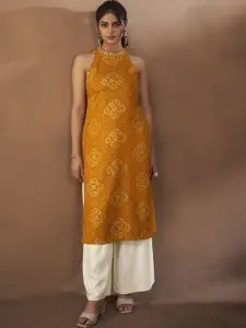 Anouk Women Bandhani Printed Halter Neck Mirror Work Kurta