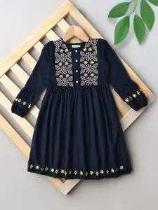Bella Moda Girls Floral Embroidered Puff Sleeve Cotton Fit & Flare Dress