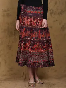 Exotic India Wrap Around Midi Skirt with Printed Procession