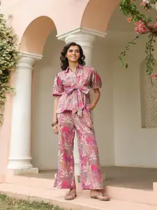 JISORA Purple Printed Pure Cotton Top With Trousers