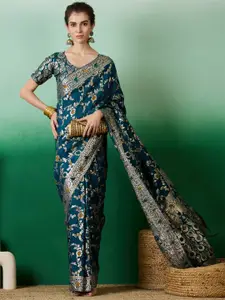 DEVATITHI Teal Staple Dola Jacquard Saree