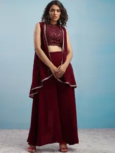 SANCIA Geometric Embroidered Halter Neck Sequinned Crop Top With Palazzos & Dupatta