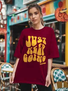 Leotude Women Typography Printed Round Neck Cotton Oversized T-shirt