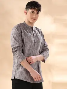 Anouk Grey & Black Abstract Printed Band Collar Pure Cotton Straight Short Kurta