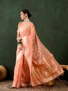 DEVATITHI Woven Design Orange Poly Cotton Saree