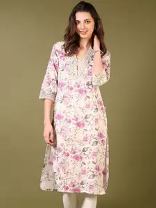 V-Mart Floral Printed V-Neck Cotton Straight Kurta