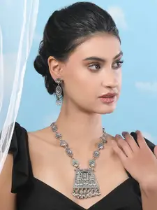 Anouk Green Silver-Plated Artificial Stone Studded & Beaded Oxidized Necklace & Earrings