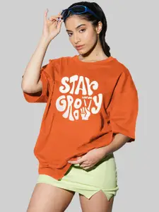 Leotude Women Typography Printed Round Neck Cotton Oversized T-shirt