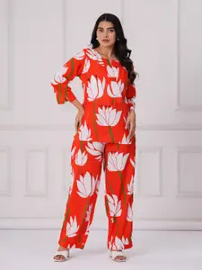 PINGAKSH Printed Round Neck Pure Cotton Top With Trousers Co-Ords