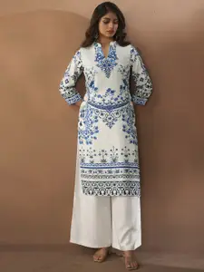 Anouk White & Blue Floral Printed Mandarin Collar Mirror Work Straight Kurta