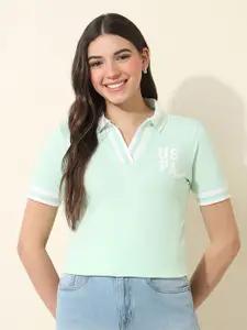 U.S. Polo Assn. Women Typography Printed Polo Collar Cotton T-shirt