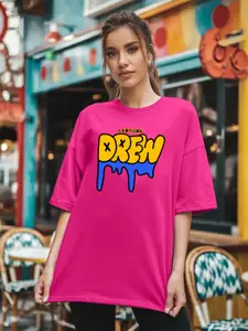 Leotude Women Typography Printed Round Neck Cotton Oversized T-shirt