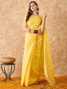 DEVATITHI Woven Design Yellow Cotton Jacquard Saree