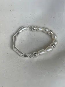 StyleCast Elegant Silver-Toned Artificial Beaded Textured Circular Shaped Finger Ring