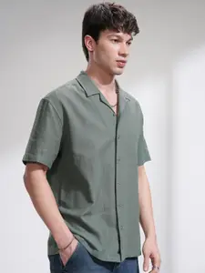 HIGHLANDER Men Relaxed Fit Cuban Collar Textured Cotton Casual Shirt