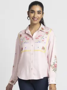 SHAYE Women Smart Relaxed Fit Spread Collar Floral Printed Satin Casual Shirt
