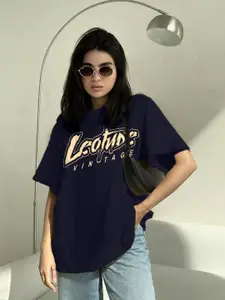Leotude Women Typography Printed Round Neck Cotton Oversized T-shirt
