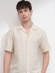 HIGHLANDER Men Relaxed Fit Cuban Collar Textured Cotton Casual Shirt