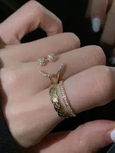 StyleCast Elegant Set Of 2 Silver-Toned Artificial Stones Studded Contemporary Finger Ring