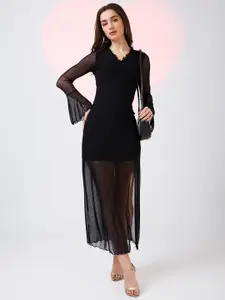 Globus Frilled V-Neck Bell Sleeves Front Slit Net Midi Bodycon Party Dress