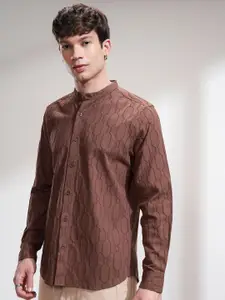 HIGHLANDER Men Relaxed Fit Band Collar Textured Cotton Casual Shirt