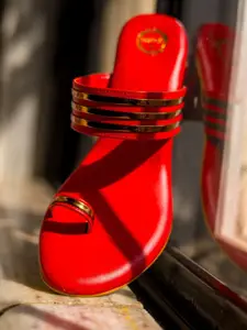 Dhaga Women Striped Block Heel One Toe Sandals