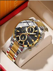 Curren Men Brass Skeleton Dial & Reset Time Analogue Watch CR-8445-TT-Black