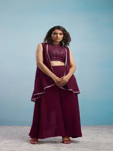 SANCIA Geometric Embroidered Halter Neck Sequinned Crop Top With Palazzos & Dupatta