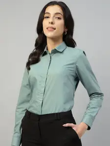 English Navy Women Smart Fit Spread Collar Solid Cotton Formal Shirt