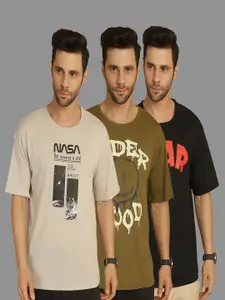 MACK JONNEY Men Pack Of 3 Typography Printed Round Neck Cotton Relaxed Fit T-shirts