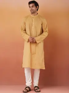 Fabindia Men Striped Band Collar Cotton Straight Kurta