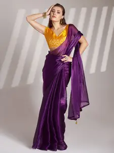 Mitera Women Organza Saree with Contrast Brocade Blousepeice and Tassels