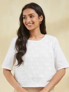 Fabindia Women Embroidered Cotton Boxy Crop Top