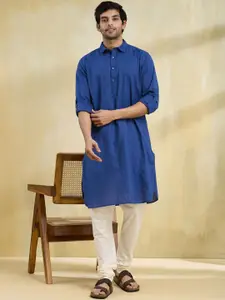 Fabindia Men Striped Thread Work Shirt Collar Cotton Straight Kurta